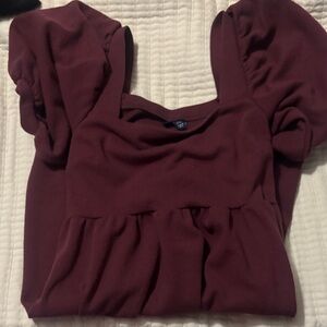 Puff Sleeve Square Neck Tunic Dress in Burgundy